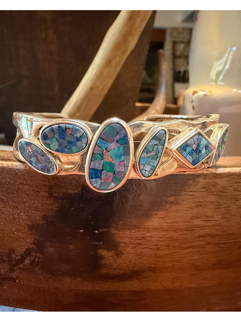 Vintage Whitney Kelley Inlay Blue Fire Opal Mosaic Sterling Silver
Cuff Bracelet